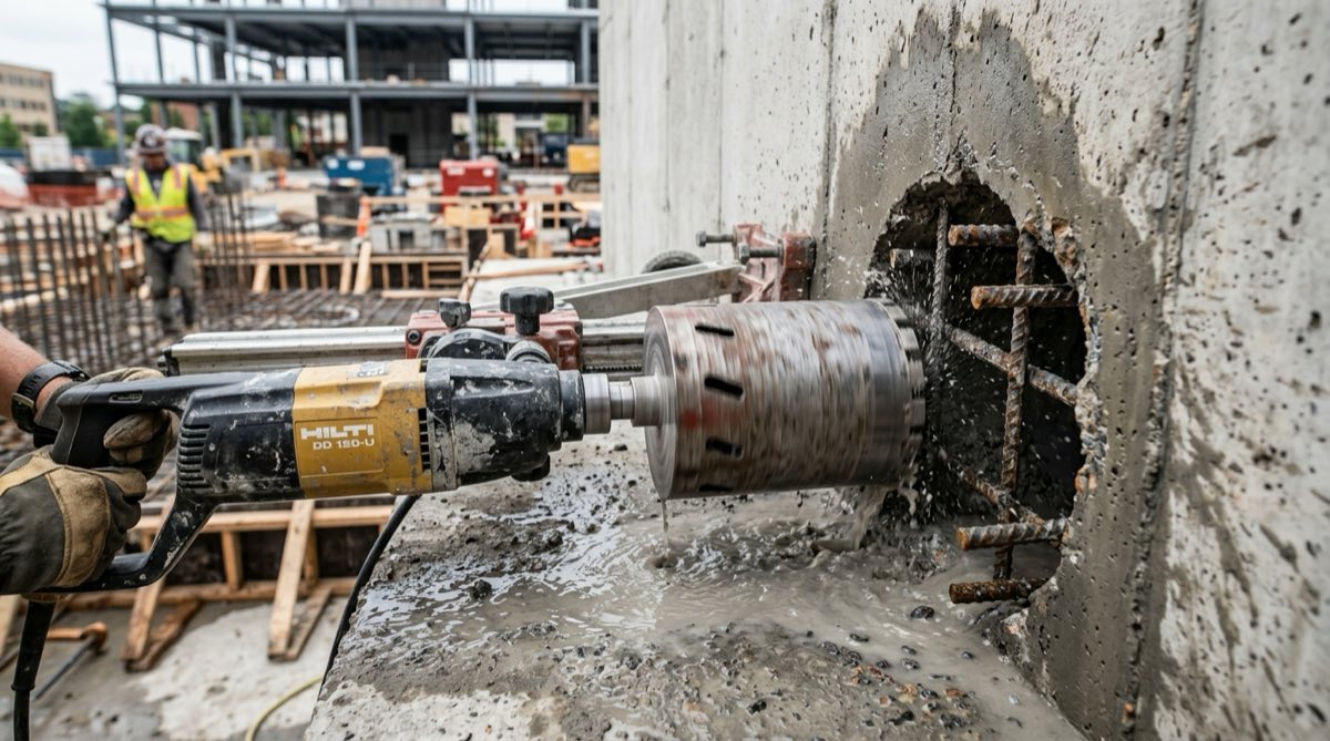 Reinforced concrete core drilling with exposed rebar