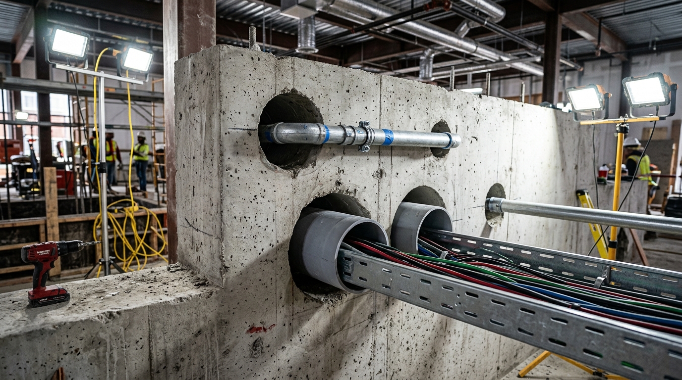 Electrical conduit and cable trays through core drilled concrete