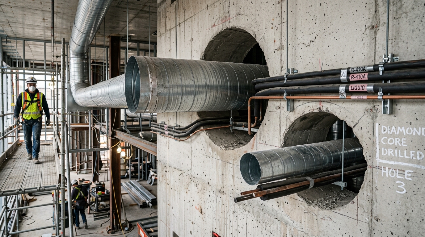 HVAC ventilation duct passing through concrete core hole