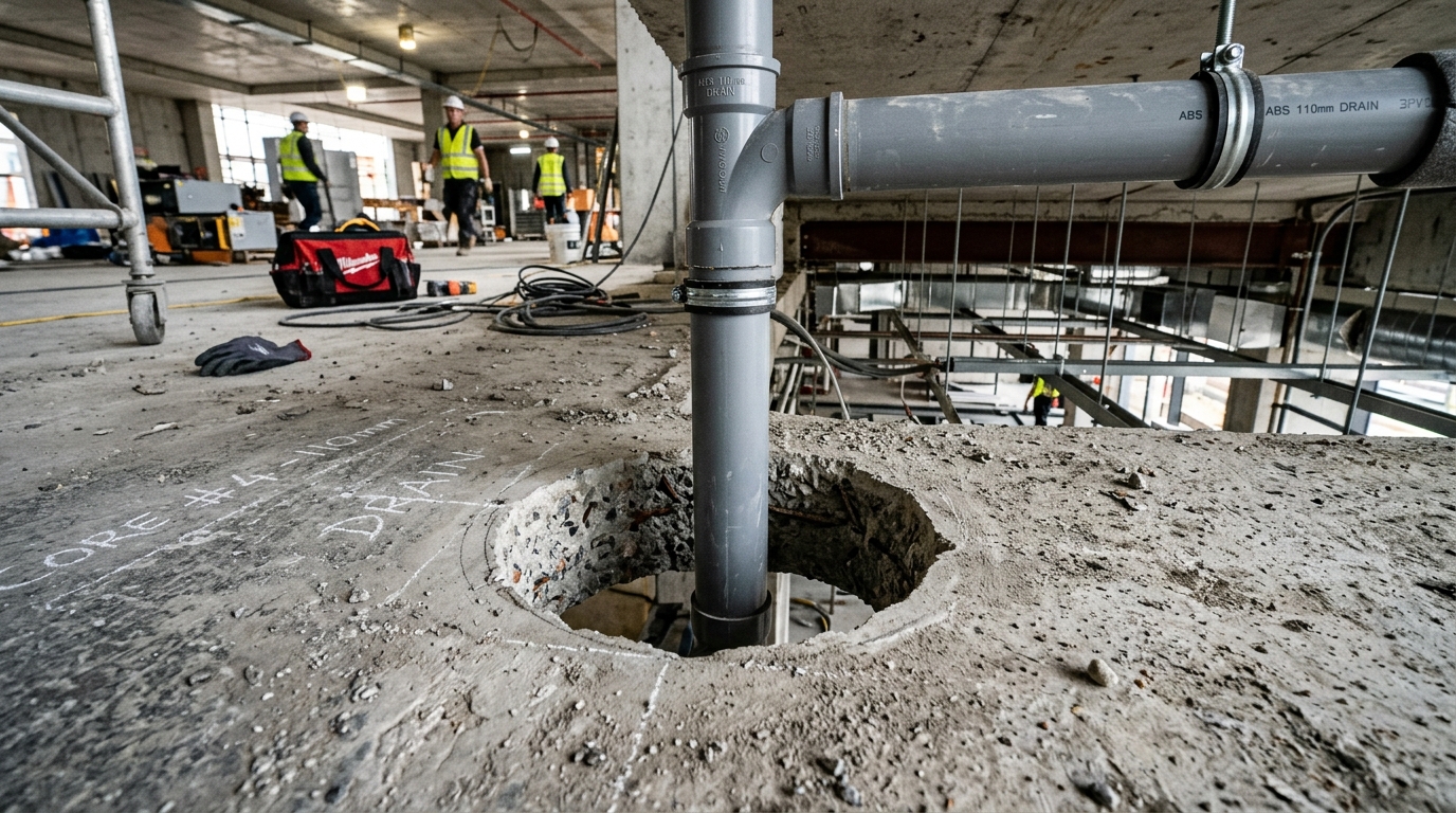 Plumbing drainage pipe passing through diamond core hole
