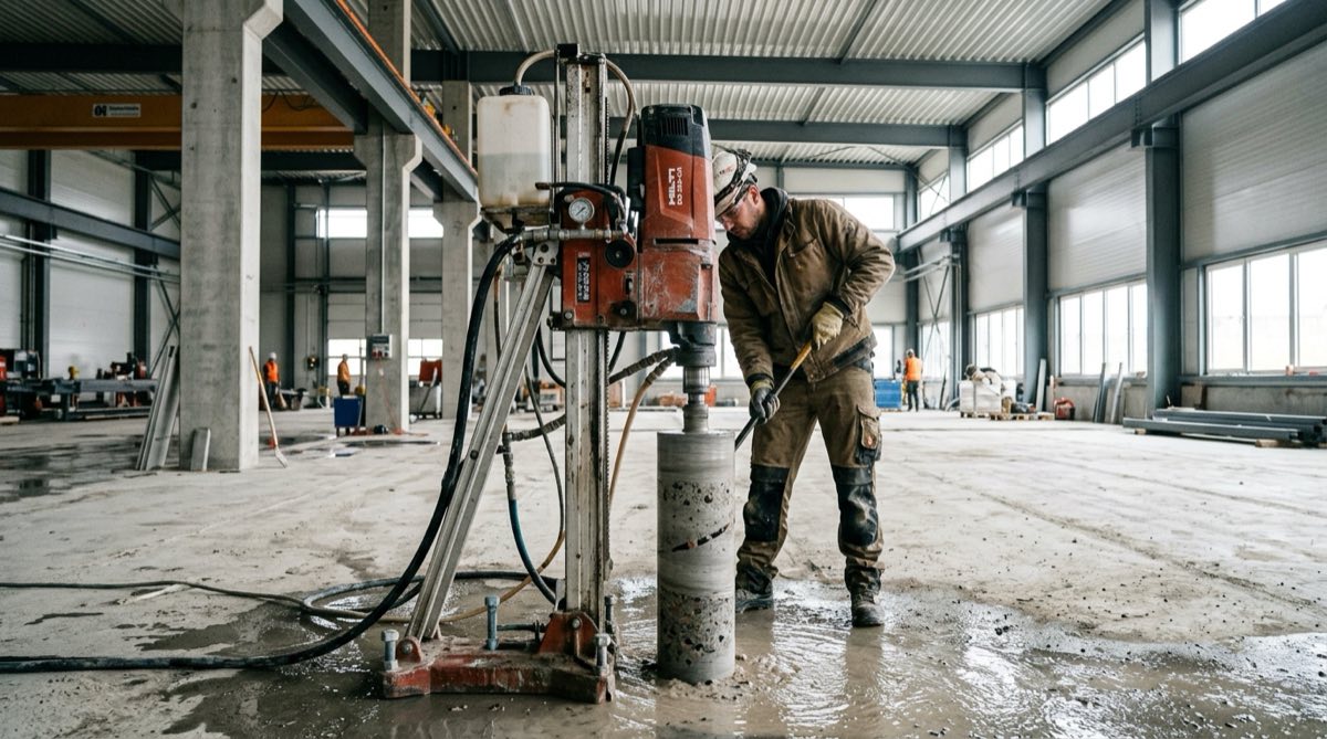 Floor slab vertical core drilling in commercial building